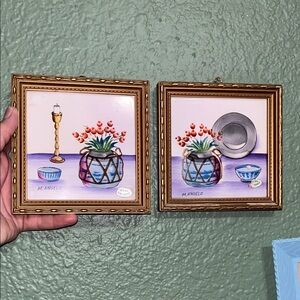 Vintage M Angelo Hand Painted Framed Tile Set Of 2 Japan